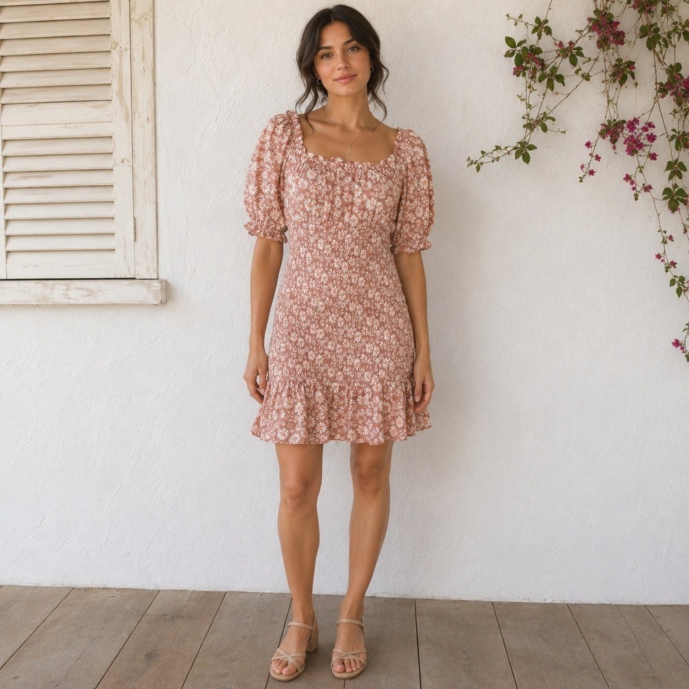 Womens Floral Milkmaid Smocked Dress Size M Puff Sleeve Ruffle Cottage Prairie